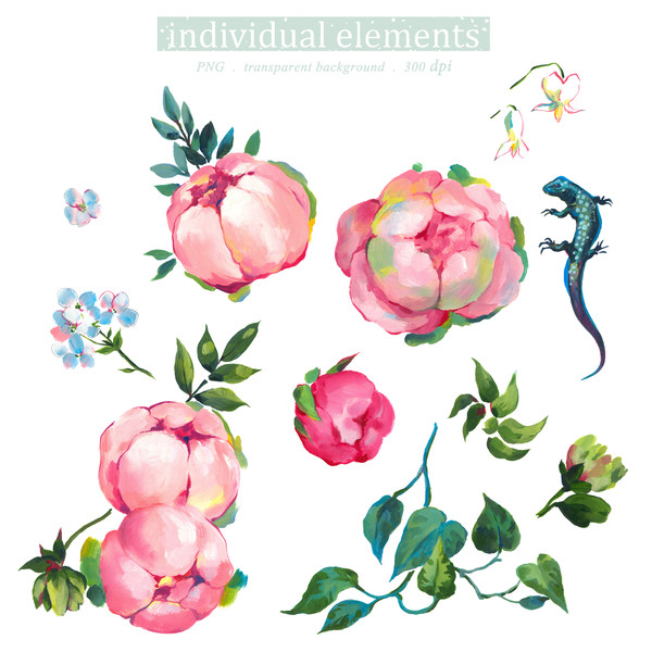 Illustration set pink roses flowers painted in oil with large strokes, Floral Clipart PNG and patterns1.jpg