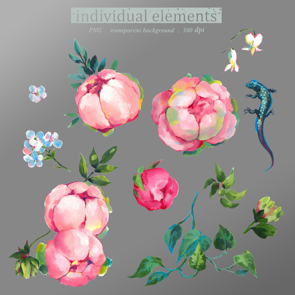 Illustration set pink roses flowers painted in oil with large strokes, Floral Clipart PNG and patterns2.jpg