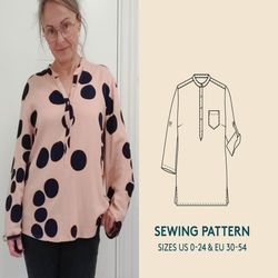 tunic sewing pattern, video tutorial, button shirt pdf sewing pattern, sizes us 0-24/eu 30-54