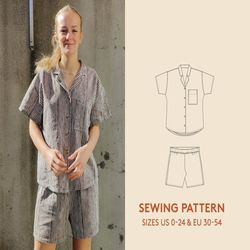 shirt and shorts pdf sewing pattern sizes us 0-24 / euro 30-54, linen loungewear sewing pattern, instant download