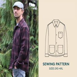 men's overshirt jacket sewing pattern and video tutorial, sizes 2xs-4xl, shirt pdf sewing pattern, instant download