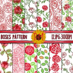 rose seamless patterns, 12 hand drawn roses digital paper set for scrapbooking and crafting, roses background