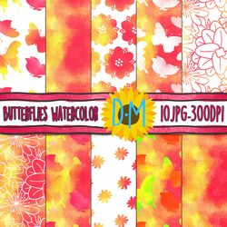 butterflies seamless pattern, 10 watercolor butterflies digital paper set for scrapbooking and crafting, background