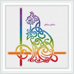 Cross stitch pattern Cat silhouette celtic knot ethnic ornament rainbow feline monochrome counted crossstitch patterns