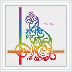 cross stitch pattern cat silhouette celtic knot ethnic ornament rainbow feline monochrome counted crossstitch patterns