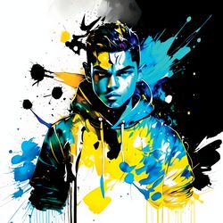 futuristic young guy on a colorful bike - digital art with paint splash effect