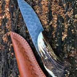 custom handmade d2 steel hunting knife crown stag handle combat knife survival knife with sheath