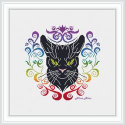 Cross stitch pattern head black Cat Sphinx green eyes rainbow floral ornament abstract counted crossstitch patterns PDF