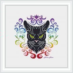 cross stitch pattern head black cat sphinx green eyes rainbow floral ornament abstract counted crossstitch patterns pdf