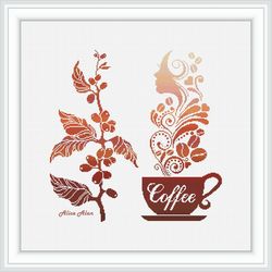 Cross stitch pattern Kitchen Coffee cup branch beans silhouette aroma drink monochrome counted crossstitch pattern