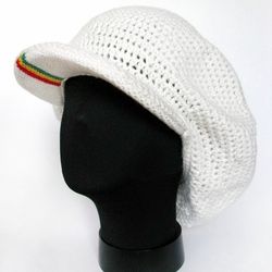 Crochet Rasta Hat for Dreadlocks. White Cap with visor. Hand knitting! Reggae style Green Yellow Red