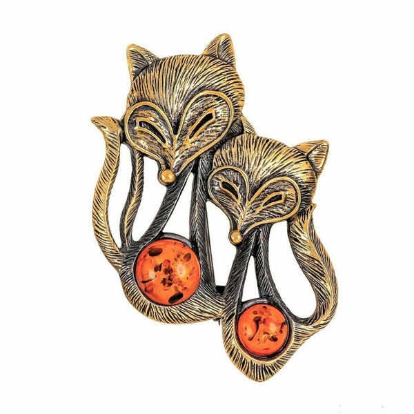 Animal Brooch Jewelry Fox Brooch Pin Gold Antique Brass and Amber Cute Gift Mom Sister Unique Jewelry Handmade.jpg