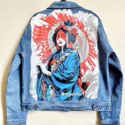 Japanice art  geisha Painted denim jacket Custom jacket Portrait from photo Personalized jacket anime art