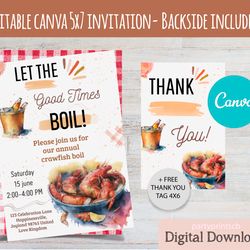 editable canva crawfish boil party invite, let the good times boil , crawfish boil any occation invite, editable seafood
