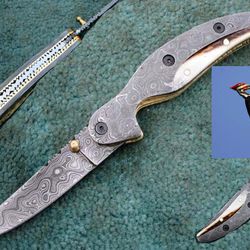 hand made folding knife , custom made damascus steel folding blade pocket knife