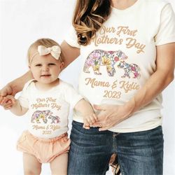 first 1st mother's day shirt, mama bear mommy and me shirts, floral mother's day matching outfit,custom new baby,matchin