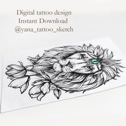 Lion Tattoo Designs Female Lion Tattoo Ideas Lion and Flowers Tattoo Sketch for Woman, Instant download PNG and JPG