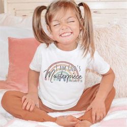 christian shirt for kids, god's masterpiece bible verse, religious shirt for children, sunday school apparel, rainbow fa