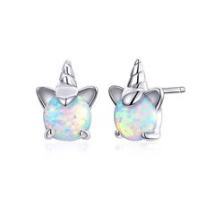 Unicorn earrings, Sterling silver stud with synthetic opal, Unicorn lover gift, Fantasy statement jewelry