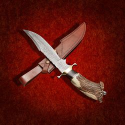 custom handmade bowie damascus steel  hunting knife with leather sheath hunting knife  hand forged mk5105m