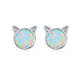 Cat earrings, Sterling silver stud with synthetic opal, Cat lover gift, Animal jewelry