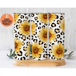 Leopard Sunflower 20oz Skinny Tumbler, Cute Tumbler Gift, Custom Made Handmade Tumbler