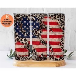 usa flag leopard tumbler, patriotic american tumbler, leopard american flag 20 oz skinny tumbler