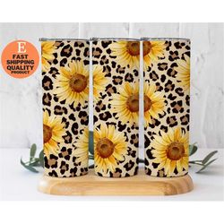 cute leopard sunflower tumbler for women, 20oz skinny tumbler, custom made handmade tumbler