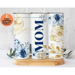 blue mom golden floral tumbler - perfect gift for mom, stylish blue floral tumbler for the mom on-the-go, pretty blue fl