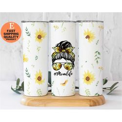 sunflower mom life messy bun tumbler - stainless steel tumbler for moms, trendy and stylish messy bun sunflower tumbler