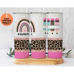 20 oz skinny tumbler rainbow leopard glitter teacher tumbler pencil monogram teacher life sublimation, teacher's day gif