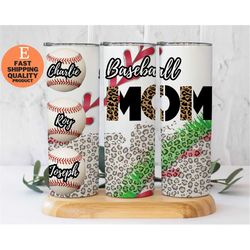 personalized baseball mom tumbler, leopard print stainless steel cup, personalized gift for sports moms, vibrant and coo
