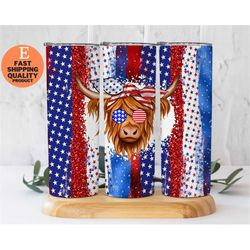 highland cow usa july 4th 20oz stainless steel tumbler - perfect for patriotic celebrations, trendy and eye catching tum