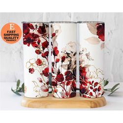 elegant red blush floral tumbler, red burgundy florals, custom made handmade tumbler