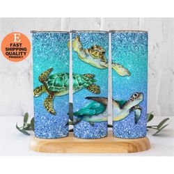 glitter sea turtles ocean tumbler, blue glitter, beach, tropical, glitter ocean underwater