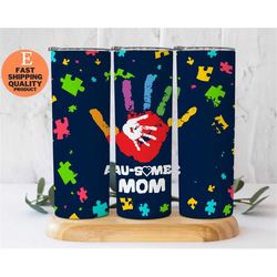 au-some mom autism awareness stainless steel tumbler with colorful puzzle pieces and palms, vibrant 'au-some mom' stainl