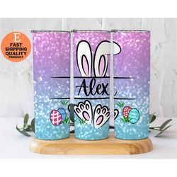 personalized bunny egg blue glitter stainless steel tumbler, easter gift idea, cute and glittery tumbler for easter