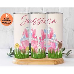 personalized gnome bunny egg stainless steel tumbler, easter gift, custom insulated tumbler, spring drinkware