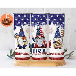 gnome usa july 4th 20oz stainless steel tumbler, patriotic gnome stainless steel tumbler, red, white and blue gnome tumb