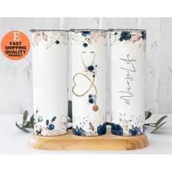 nurse appreciation gift with blue flowers, blue floral travel tumbler for nurses, tumbler with blue flower design