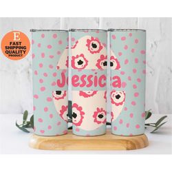 personalized pink floral egg stainless steel tumbler, stainless steel tumbler with pink flowers and easter egg, eye catc