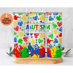 autism awareness glitter tumbler - perfect gift for autism supporters, insulated stainless steel tumbler with straw