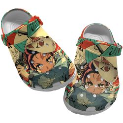 chibi tanjiro kamado crocs, demon slayer clog shoes unisex, demon slayer crocs, anime crocs, anime clog shoes
