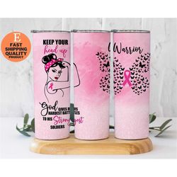 join the fight against cancer with this 20 oz skinny warrior pink tumbler, breast cancer awareness glittery pink