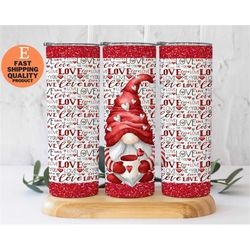 gnome love red glitter tumbler, red glitter valentines, custom made handmade tumbler