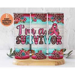 pink ribbon survivor leopard tumbler, cute gift for breast cancer awareness, pink support & strength,  custom made handm