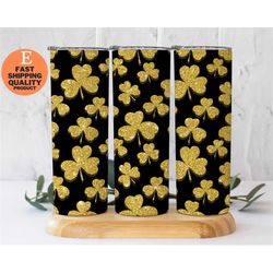 gold glitter shamrock tumbler for st patrick's day, shamrock 20oz skinny straight tumbler, clover tumbler gift,