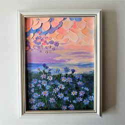 Acrylic Painting Sunset Landscape with Daisies Flower Artwork