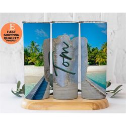 tumbler beach summer palm, 20 oz skinny tumbler beach, customizable travel mug, handmade summer theme tumbler,  personal