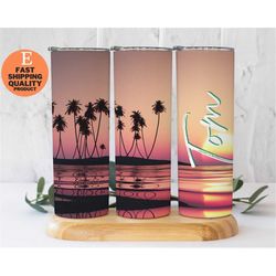 skinny tumbler sublimation, beach sunset tumbler, customizable travel mug, personalized gift, ocean beach sunset palm tr